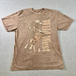 Lotus Fashion Large Wild West Graphic T-Shirt Brown Acid Wash Cowboy Rodeo Tee